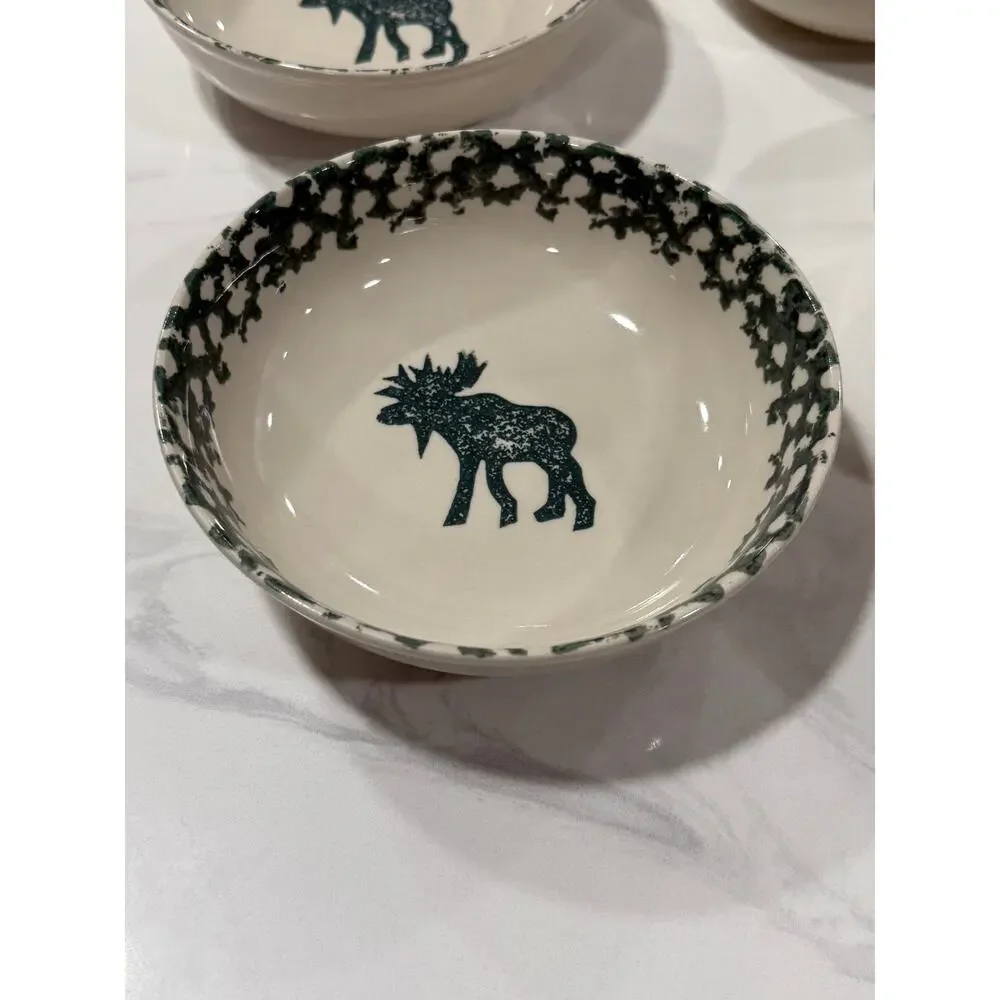 VINTAGE Tienshan Moose Country Cereal Soup Bowls Set 4 Folk Craft Spongeware 6.5